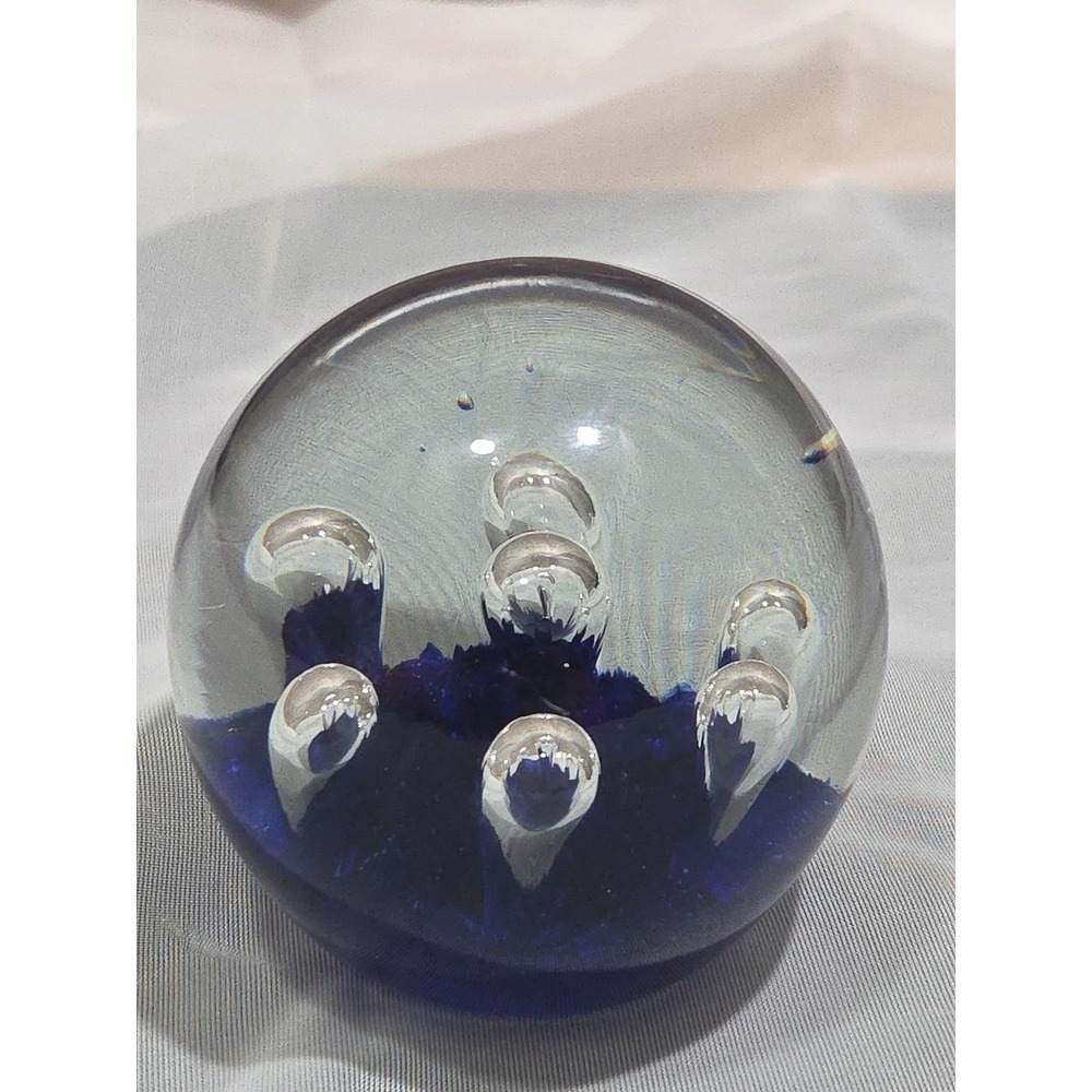 Cobalt Blue & Clear Glass Controlled Bubble Paperweight, 3"‎ Sphere, 1.8 lbs